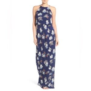 Lush Navy Blue Defined Waist Floral Halter Maxi Dress Medium